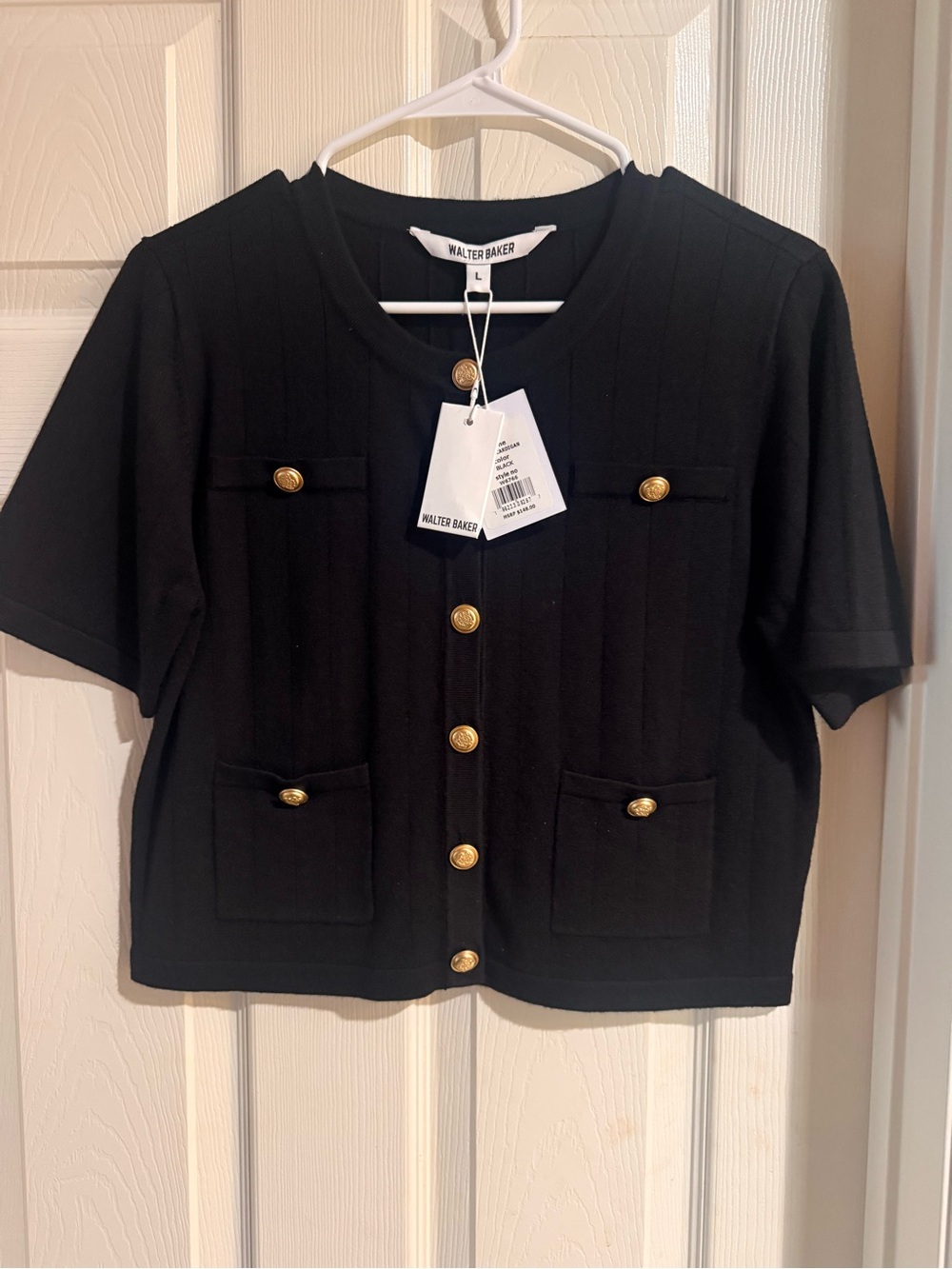 Walter Baker Black Short-Sleeve Buttoned Knit Jacket with Gold Buttons